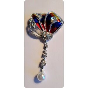 NEW Exquisite Butterfly Brooch Pin Enamel Rhinestone Pearl Dangle Women Fashion